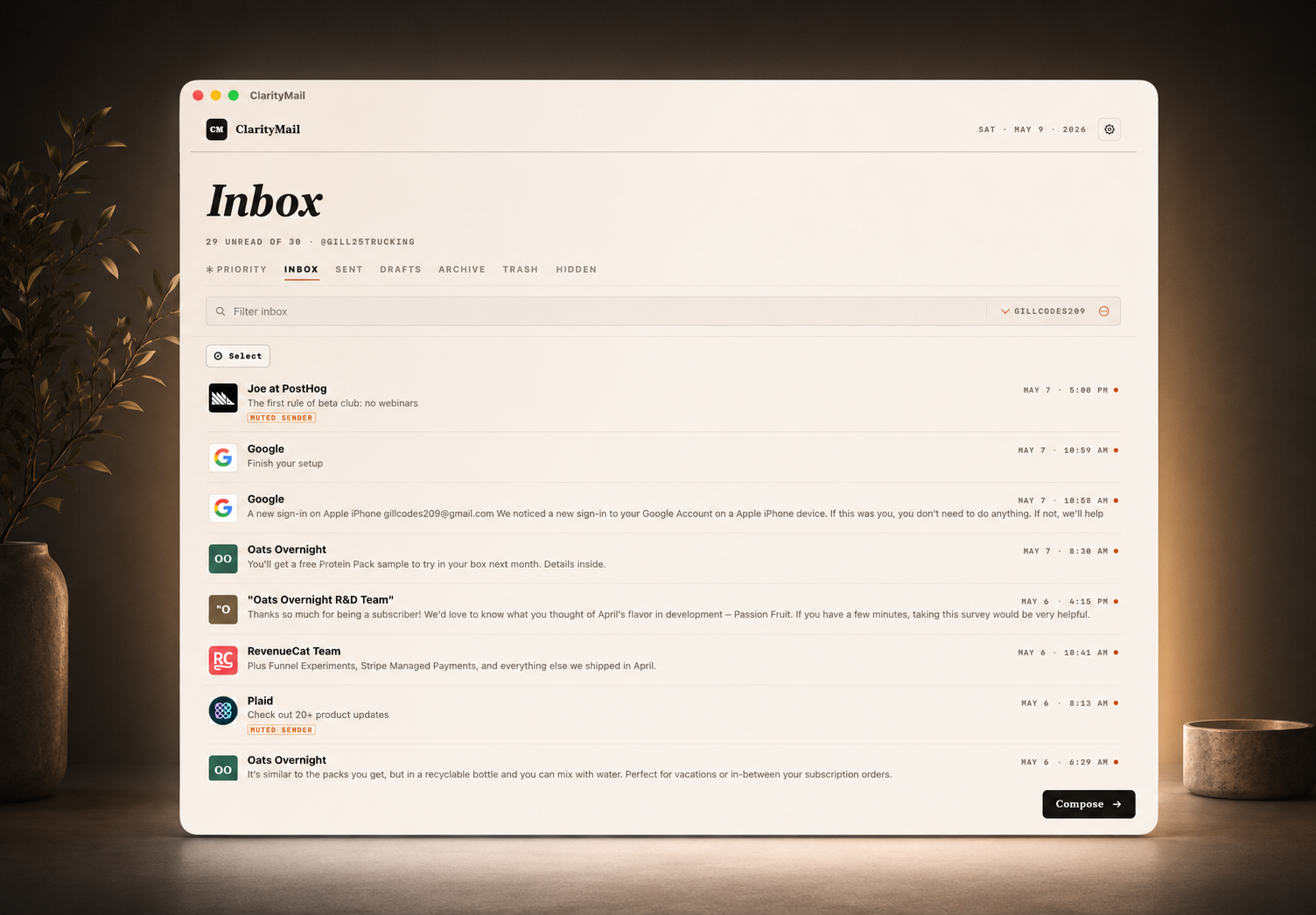 ClarityMail inbox interface in a cinematic desktop scene